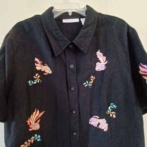 Sarah Spencer Top Artsy 20W Embroidered Koi Fish Colorful Black‎ Travel Casual